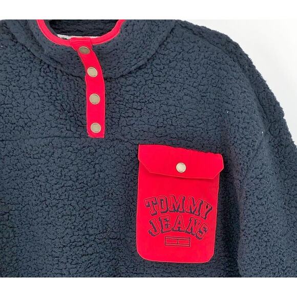 Tommy Hilfiger Womens Sherpa Jacket Large Navy Blue Pullover 1/4 Snap NWT - Picture 3 of 10